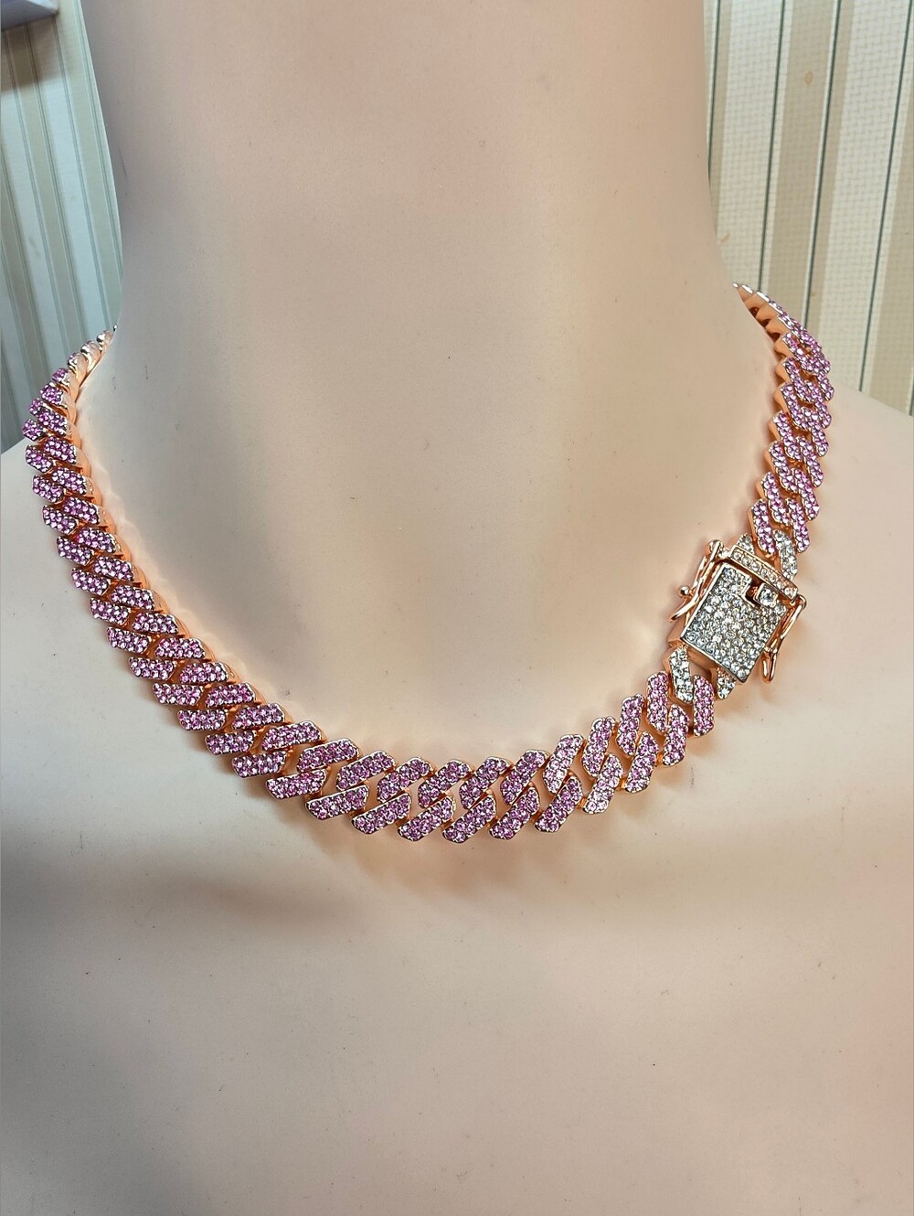 Pink Crystal Cuban Link Choker 14" Rose Gold Tone Statement Necklace NWOT